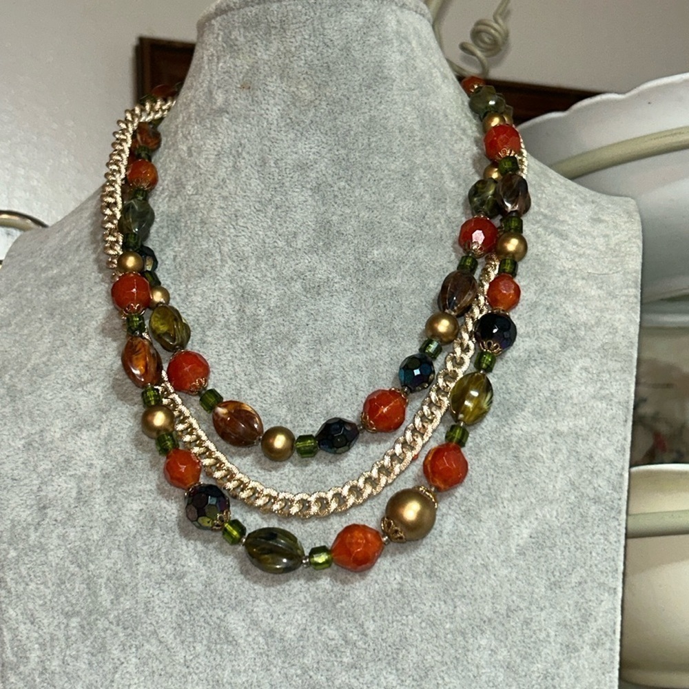 Western Germany Vintage Green Orange Gold Three Strand Necklace